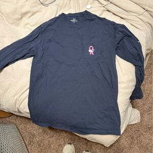 Navy Martha Vineyard Long Sleeve Shirt with Pink Ribbon Pocket Accent